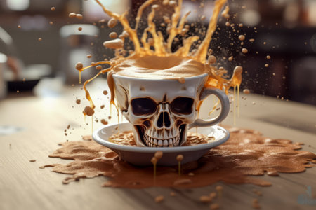 Skull-shaped cup with coffee splash, hinting at caffeine's effectsの素材