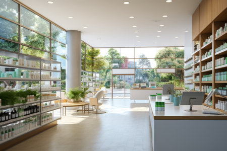 Bright spacious interior of a modern pharmacy with product displays.の素材