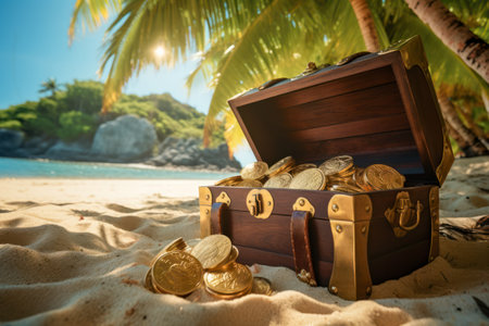 Sunlit treasure chest filled with gold coins on tropical beach backdrop.の素材
