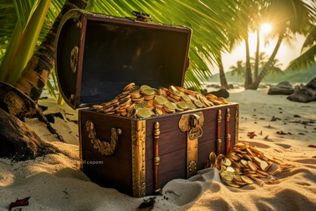 Sunlit treasure chest filled with gold coins on tropical beach backdrop.の素材