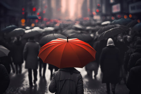 Person with red umbrella against a gray crowd. City street. Uniqueness, non-conformism concept.の素材