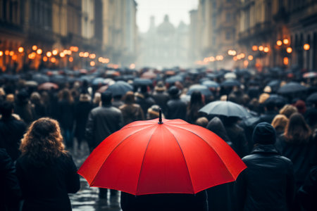 Person with red umbrella against a gray crowd. City street. Uniqueness, non-conformism concept.の素材