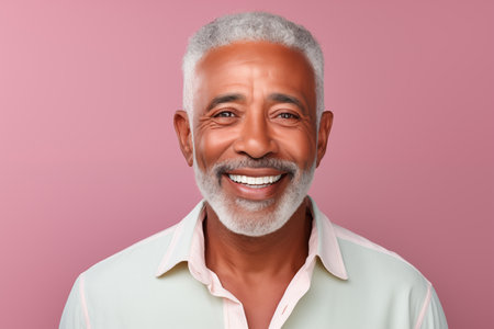 An older gentleman with a bright smile and white, curly hair. He's wearing a soft white collar shirt and is set against a pastel pink background.の素材
