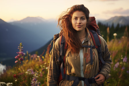 Chubby caucasian hiker with backpack, sunset and mountains, blooming flowers.の素材