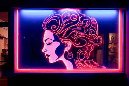 neon signage with female profile, beauty salon storefront window.の素材