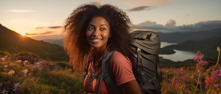 Young African American woman hiker smiles with backpack, sunset mountains and blooming flowers.の素材