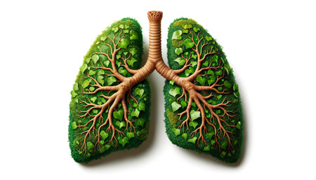 Green lungs depiction with green plants and root structures isolated on white. Nature theme.の素材