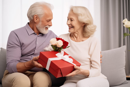 Elderly couple sharing tender moment with gift box in cozy living room settingの素材