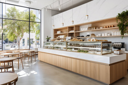 Bright bakery interior, sleek counters, ambient lighting, wooden accents.の素材