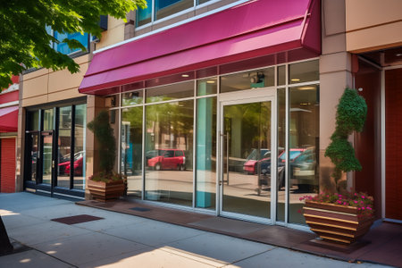 Storefront with pink awning, glass doors, and decorative plants on sunny dayの素材