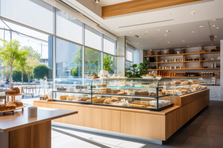 Bright bakery interior, sleek counters, ambient lighting, wooden accents.の素材