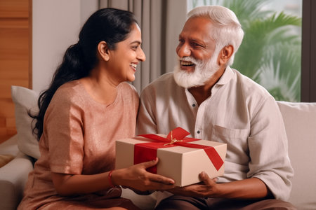 Elderly Indian man surprises wife with gift on sofa at homeの素材