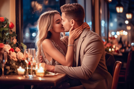 Elegant caucasian couple enjoying a romantic dinner in restaurant for Valentine's Day; captures moments of love, special dates, and memorable celebrations in a relationship.の素材