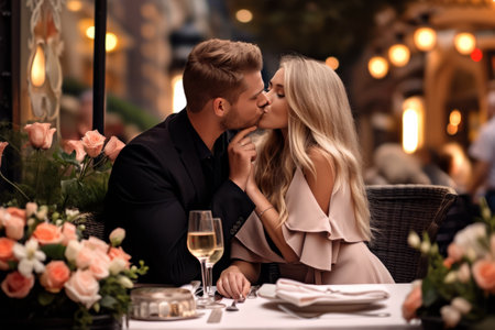 Elegant caucasian couple enjoying a romantic dinner in restaurant for Valentine's Day; captures moments of love, special dates, and memorable celebrations in a relationship.の素材