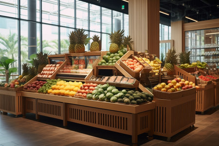 Modern grocery store with wooden design interior, fresh produce displays.の素材