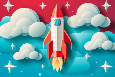 Bright rocket in cartoon style soaring among clouds and starsの素材