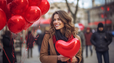 Smiling woman holding heart balloon in city street at Valentine's dayの素材