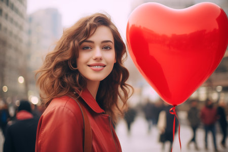 Smiling woman holding heart balloon in city street at Valentine's dayの素材