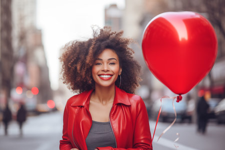 Smiling young Asian woman holding balloon in city street at Valentine's dayの素材