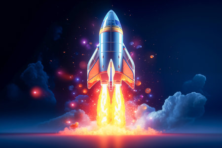 Brightly illuminated rocket launch with fiery exhausted, cosmic backdrop.の素材