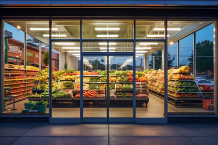 Modern grocery storefront, vibrant produce display, city street viewの素材