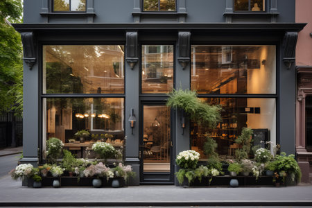 Modern cafe front with flower decor.の素材