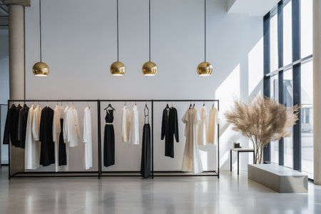 Modern clothing store interior with hanging lights and wooden displays.の素材