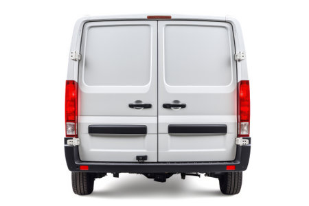 Rear view of a white cargo van isolated on a white backgroundの素材