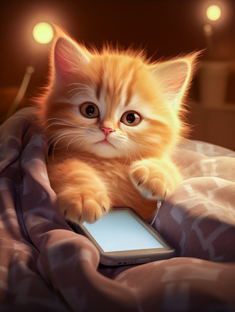kitten using smarpthone in the bed before sleep.の素材