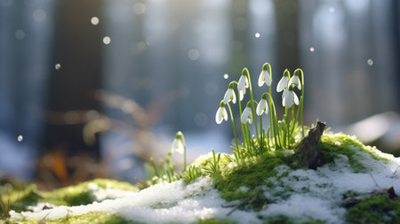 Beautiful snowdrop flower breaks out from the snow in the forest. Springtime. Festive bokeh backgroundの素材