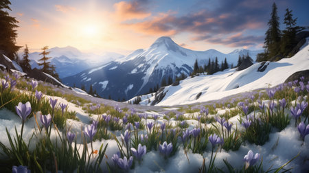 Crocus flowers heralding spring on snowy mountain slopes at sunset.の素材