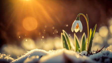 Snowdrop Flower Emerging Through Snow at Sunsetの素材