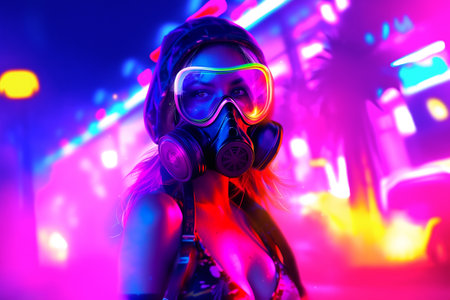 Girl in bikini wears gas mask with protective glasses clubbing at techno rave party. Neon Light Palm Trees City Background.の素材