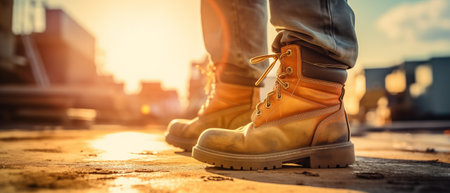 Close-Up of Worn Work Boots on Construction Site with Sunset in Backgroundの素材