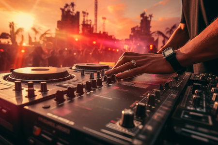 DJ Adjusting Music Mixer at Outdoor Festival Party with Warm Sunset Glow in Backgroundの素材