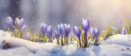Crocus Flowers Emerging Through Snow with Falling Snowflakesの素材