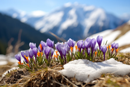 Purple Crocuses Flourishing in Snowy Mountain Landscape Under Clear Skiesの素材