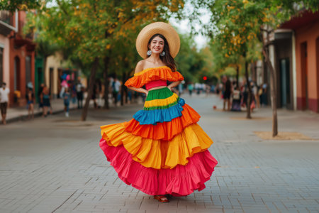 Smiling Hispanic woman wearing vibrant traditional Mexican dress and straw hat, celebrating Cinco de Mayo on a lively street with festive atmosphere and colorful surroundingsの素材