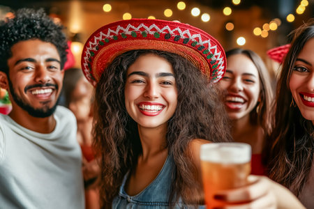Young Friends Celebrating Cinco de Mayo with Sombreros and Drinks in a Festive Atmosphereの素材