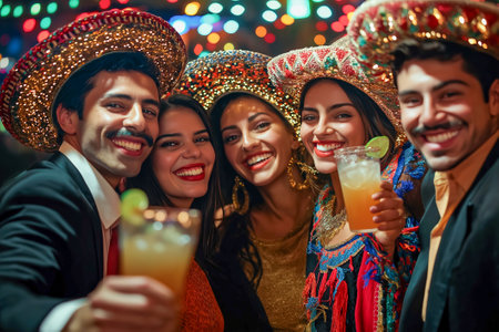 Young Friends Celebrating Cinco de Mayo with Sombreros and Drinks in a Festive Atmosphereの素材