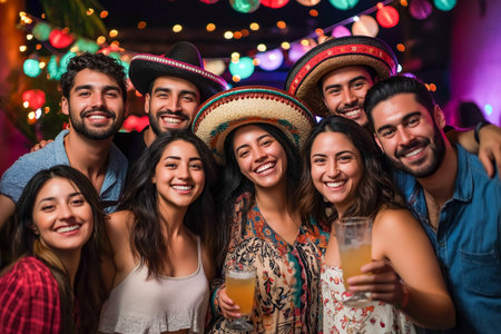 Group of Young Friends Celebrating Cinco de Mayo Wearing Sombreros at a Festive Party with Colorful Decorationsの素材