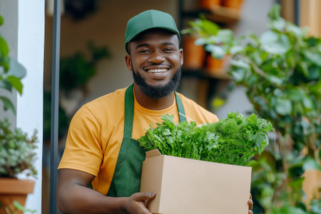 Smiling Male Gardener Holding a Box of Fresh Greens Outdoors in a Lush Garden Settingの素材