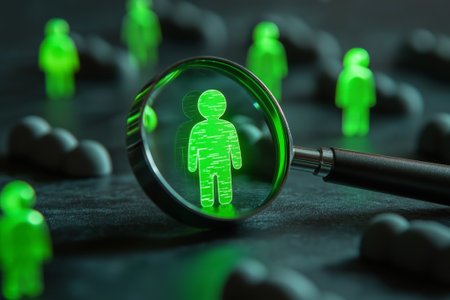 Magnifying glass highlighting a glowing green figurine among others, representing recruitment, candidate search, HR analytics, and hiring processes.の素材