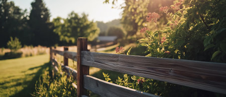 Rustic Wooden Fence with Wildflowers and Sunlit Meadow in Peaceful Countryside Settingの素材