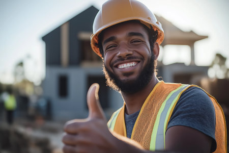Smiling African American Male Construction Worker Wearing Safety Vest and Hard Hat Giving Thumbs Up at Building Site, Symbolizing Teamwork and Job Satisfactionの素材