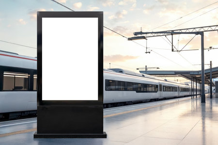 Modern Railway Station Platform with Blank Vertical Billboard and High-Speed Train in Background at Sunrise for Advertisement Conceptsの写真素材