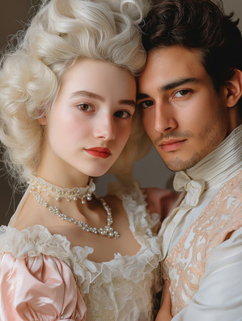 Romantic Couple in Vintage 18th Century Attire, Close-Up Portrait with Elegant Hairstyles and Pearl Jewelryの素材