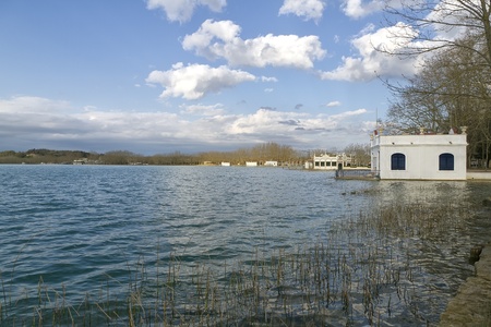 Lake Banyoles in pla de estany, Spain Girona, Panoramic Photography at sunset.の写真素材
