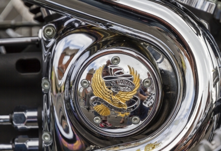 BARCELONA, SPAIN - JULY 08  Customized motorcycle detail, with a Harley Davidson motorbike at an exhibition during BARCELONA HARLEY DAYS 2012, on July 08, 2012, Barcelona, Spain のeditorial素材