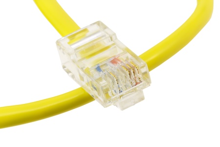 Yellow Network Cable with molded RJ45 plug isolated against white background  